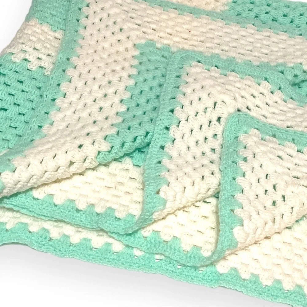 Handmade Crocheted Baby Blanket 40x40 Mint‎ Green White Cream Afghan